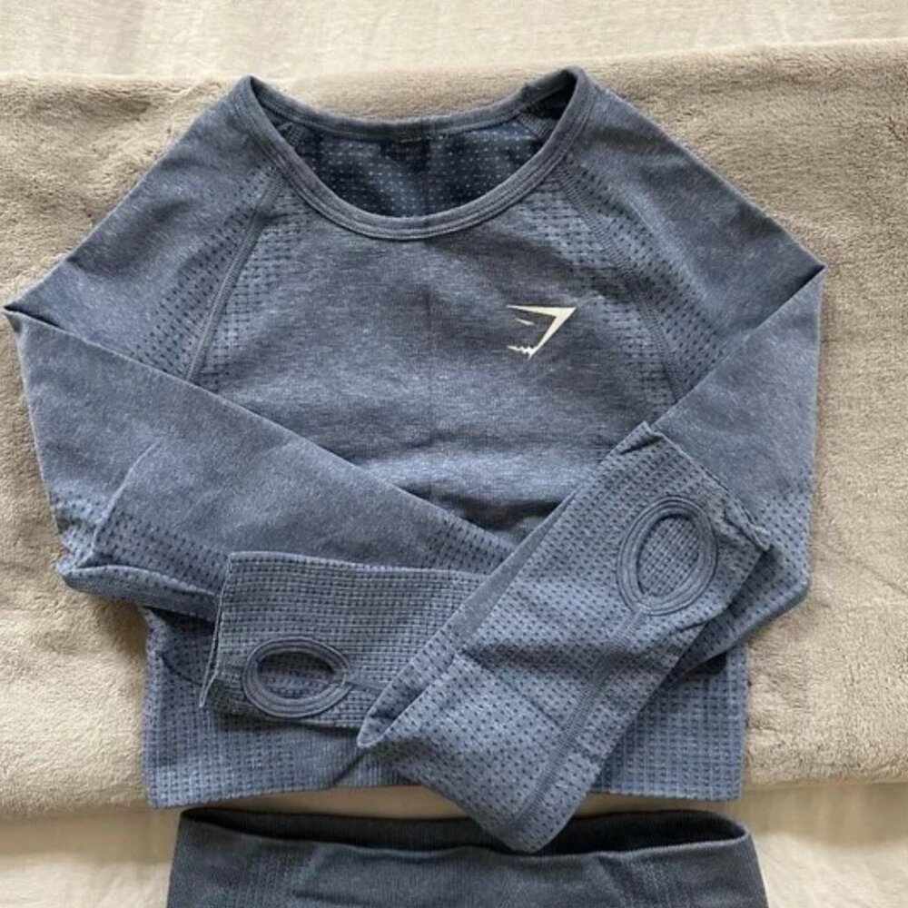 Gymshark Vital Seamless 2.0 Long Sleeve Crop Workout Top in Blue Marl - Size XS - Picture 3 of 4